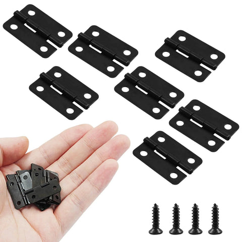 Mini Pure Copper Hinges 30 Pack Black Decorative Butt Hinges For Jewelry Boxes Cabinets Great Value DIY Replacement 24x18mm 0.7 Inch Anti Rust Corrosion Resistant Vintage Style Hinges Plus 120 Mounting Nails, shown in hand and separately with screws.