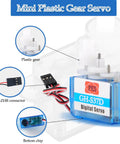 Close-up of GH-S37D Ultra Light Micro Servo 3.7g Digital Servo Motor with plastic gear, JST-ZHR connector, and bottom chip for RC toys.