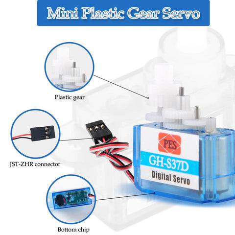 Close-up of GH-S37D Ultra Light Micro Servo 3.7g Digital Servo Motor with plastic gear, JST-ZHR connector, and bottom chip for RC toys.