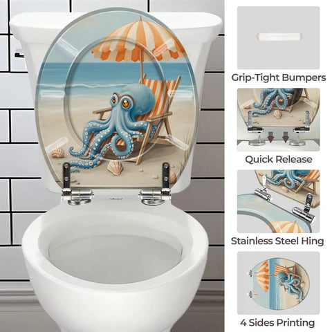 Toilet Seat Round Resin for Bathroom with octopus design, 14-15 inches wide, featuring quick release and stainless steel hinges.