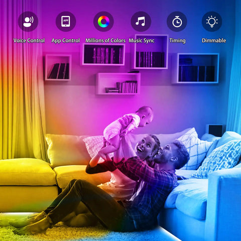 Family enjoying colorful lighting from 50 Feet LED Strip Lights With App Control And Remote in a living room.