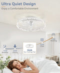 Twenty Inch Low Profile Ceiling Fan With Bright Light Kit Using Super Chill App Remote To Bring You Sweet Crisp Breezes Every Single Day Featuring Six Speeds Reversible Motor And Tunable Lighting Anywhere, shown in a bedroom with a woman resting.