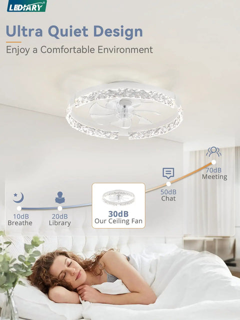 Twenty Inch Low Profile Ceiling Fan With Bright Light Kit Using Super Chill App Remote To Bring You Sweet Crisp Breezes Every Single Day Featuring Six Speeds Reversible Motor And Tunable Lighting Anywhere, shown in a bedroom with a woman resting.