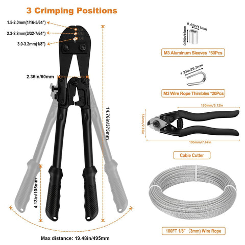 One Eighth Inch Stainless Steel Wire Rope Kit With 100 Feet Of Cable All In One Crimping Tool And Cutter 7 By 7 Strands Aircraft Cable