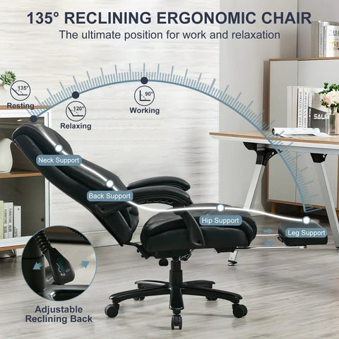 Big And Tall Leather Reclining Office Chair With Retractable Footrest And Adjustable Lumbar Support, Heavy Duty 500 Lb Capacity