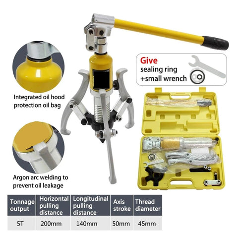 Pro Level Hydraulic Puller 5 Ton Capacity With Swappable Two And Three Claw Jaws Heavy Duty Bearing Hub Remover showing integrated oil hood.
