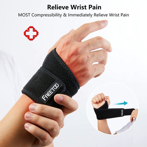Black air mesh wrist brace for carpal tunnel pain relief with breathable compression on wrist, adjustable fit for right or left hand.