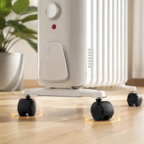 RuiJOTWAT 4Pcs Caster Wheels for Oil-Filled Radiators Swivel Casters with Brakes under electric heater on hardwood floor.