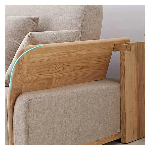 Universal Sectional Sofa Connectors Lock Down Your Couch And Keep It Tight With Heavy Duty Interlocking Furniture Clips on a light beige couch with wood accents.