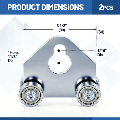 Two Pack 4 Wheel Silent Channel Trolley Kit dimensions and design specs, galvanized steel, for 1-5/8 in strut channels, garage doors.