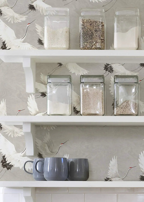 Halcyon Peel And Stick Grey And White Crane Pattern Wallpaper Removable Contact Paper For Walls behind kitchen shelves
