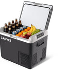 12 Volt Portable Car Refrigerator And Compressor Cooler With 19 Quarts Lightning Fast Cooling filled with drinks and fruits, visible interior.