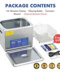 15L stainless steel ultrasonic cleaner with heater, front control panel, cleaning basket and lid; includes power cord and gloves