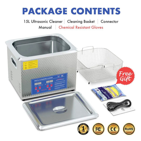 15L stainless steel ultrasonic cleaner with heater, front control panel, cleaning basket and lid; includes power cord and gloves