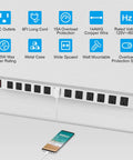 Heavy Duty Metal 12 Outlet Power Strip With 1200J Surge Protector And Wall Mount Screws 15A 125V 1875W Wide Spaced Outlets Built In Switch 6 Ft 14 AWG Cord Mountable Desk Strip For Gaming Setups displayed on white wall with icons above