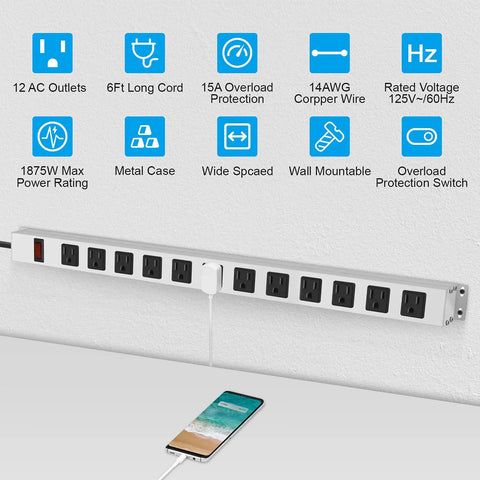 Heavy Duty Metal 12 Outlet Power Strip With 1200J Surge Protector And Wall Mount Screws 15A 125V 1875W Wide Spaced Outlets Built In Switch 6 Ft 14 AWG Cord Mountable Desk Strip For Gaming Setups displayed on white wall with icons above