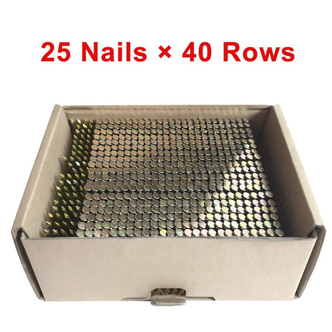 Box of Rugged 3 Inch Framing Nails For 21 Degree Framing Nailer Smooth Shank Plastic Collated 1000 Count Box open showing contents