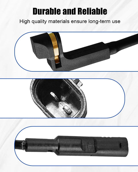 Brake pad wear sensor, black plastic housing with gold contact; three views: front, side, close-up.