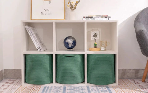 Round 11 Inch Storage Bins Set For Shelves, Durable Woven Cotton Cube Baskets, Fits 12x12 Inch Storage Cubes, 3 Pack Green