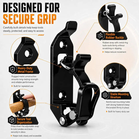Close-up of Six Pack Shovel Mounts for Truck Bed and Roof Rack Heavy Duty Tool Holder Kit with metal brackets and rubber straps.