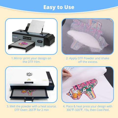 Instructions for using DTF Transfer Film For Sublimation 30 A4 Sheets 8.3x11.7 Inches on cotton tees, including printer and heat press processes.