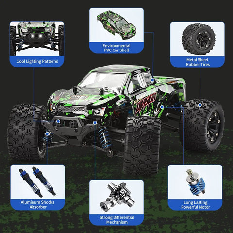 One Eighteenth Scale All Terrain RC Car With 4WD Power, High Speed Remote Control Truck with features and parts displayed