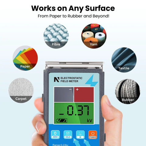 Close-up of Genuine Static Meter And Electrostatic Fieldmeter for Quick ESD Touch Ups measuring surfaces like rubber, paper, and textile.