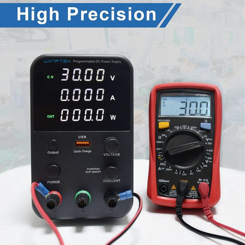 Variable Bench Power Supply With Switch And Alarm, 60V 5A, LED Display, USB Quick Charge, Stable DC Output with multimeter