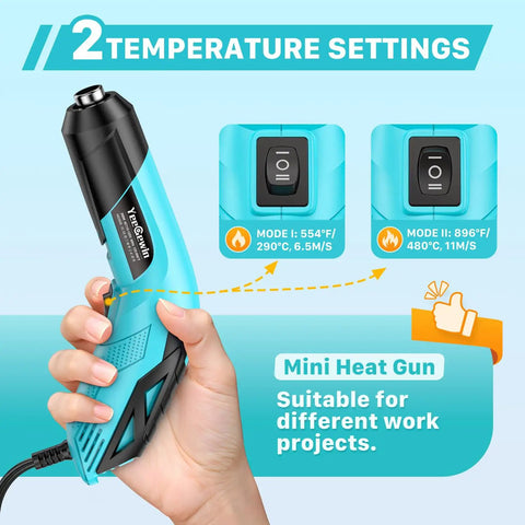 Person holding Powerful Mini Heat Gun With Dual Temps 554 F And 896 F 350W Hot Air Tool for crafts, showing temperature settings.