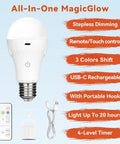 Dope Rechargeable Light Bulbs With Remote, 3 Color Modes Cool White Daylight Warm White, Stepless Dimming, USB A19 LED, features listed