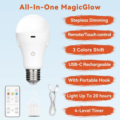 Dope Rechargeable Light Bulbs With Remote, 3 Color Modes Cool White Daylight Warm White, Stepless Dimming, USB A19 LED, features listed