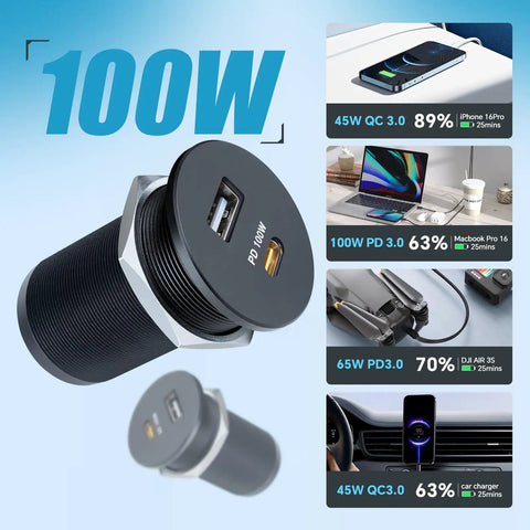 Blazing Fast 118W 12V USB Socket Featuring 100W Type C Car Charger and 18W Quick Charge Dual Port Fast Charging Adapter for RV, Truck, Boat