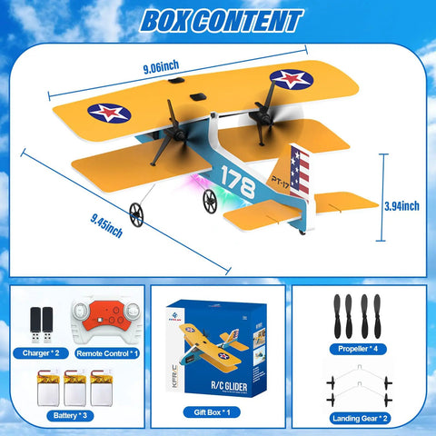 Box content for Beginner Friendly RC Plane With 6 Axis Gyro Stabilizer And 2 4Ghz Remote, Includes 3 Batteries, 2 Channel RTF PT17 Toy Airplane, Yellow