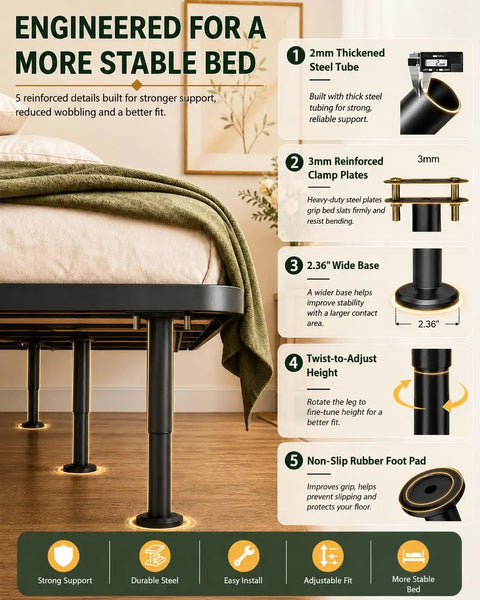 Solid As A Rock Adjustable Metal Bed Support Legs 4 Pack Heavy Duty Center Pillars showing design features for stability and height adjustment.