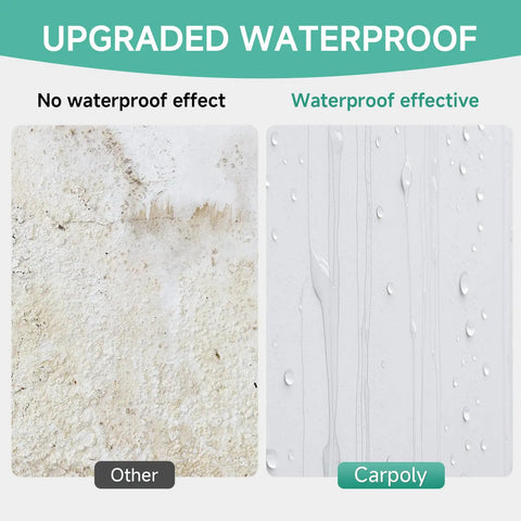 Comparison of non-waterproof and waterproof wall surfaces, showing stains on the left and water droplets on the right.
