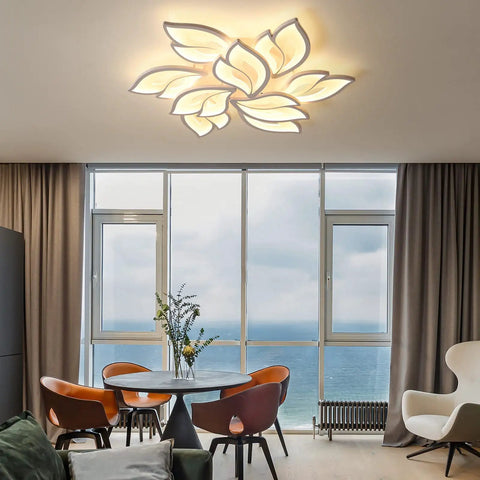 Dope Modern LED Ceiling Light Dimmable Flower Shape Flush Mount 9 Head Acrylic Petals Chandelier in living room setting.