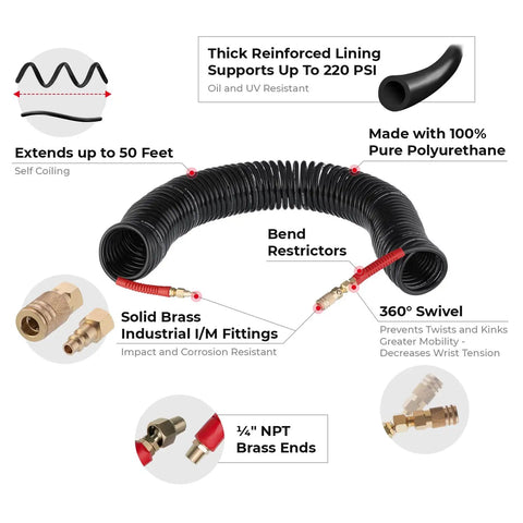 Diagram of Lightweight Polyurethane Recoil Air Hose Three Eighth Inch Lite Five Sixteen Inch Fifty Feet With One Quarter Inch MNPT Quick Coupler