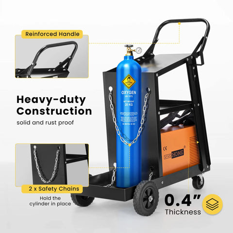 Sturdy Three Tier Rolling Welding Cart With Upgraded Wheels And Tank Storage For TIG MIG Welder And Plasma Cutter Black Finish Built To Haul 220 Lbs Heavy Duty Shop Must Have with safety chains and reinforced handle