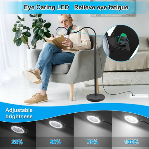 Elderly man reading with Lighted Floor Magnifier With Stand Featuring 10X And 20X Lenses, 36 LED Gooseneck Lamp.