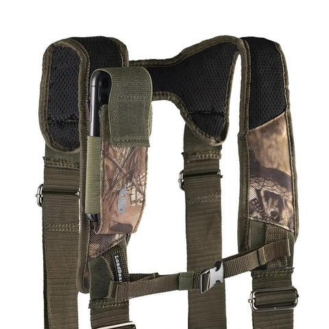 Close-up of Three Bag Tool Bag Set With Suspenders In Mossy Oak Camo Heavy Duty 1680D Poly Fabric LoadBear Stretch Suspension
