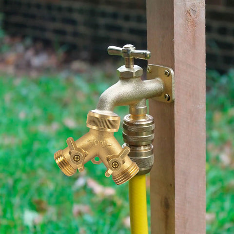 Solid Brass Garden Hose Splitter 2 Way Y Valve With Ergonomic Handles For Easy Grip, Perfect For Arthritis, Includes 2 Rubber Washers And Durable Brass Construction on outdoor faucet
