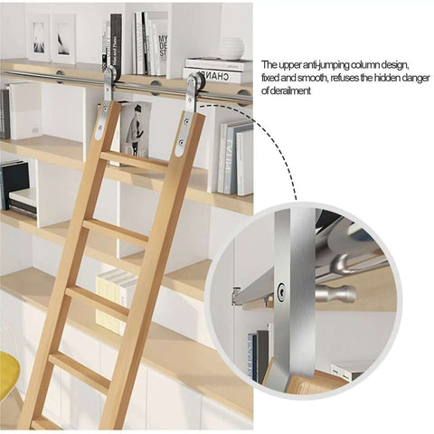 Wooden ladder on Stainless Steel Sliding Ladder Hardware Kit With Retractable Barn Door Track For Home Loft And Library, bookshelf view