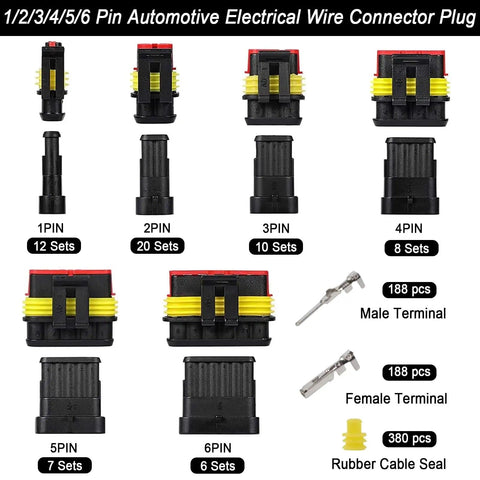 1008Pcs 63 Set Waterproof Automotive Electrical Connectors Kit with various pin and terminal options displayed