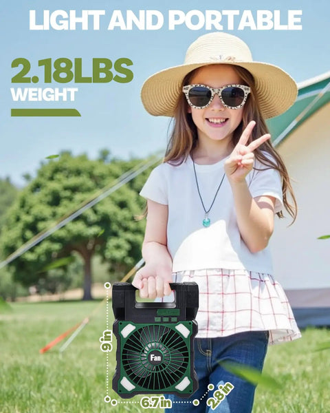Girl holding Dual Panel Solar Powered Fan With LED Light USB C Rechargeable 22000mAh Portable Camping Fan 5 Speed Ultra Quiet Go To Breeze For Tent