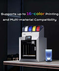 Front view of Crazy Color 3D Printing System for Plus4 Printer with 65C Active Drying, NFC Smart Recognition, filament auto reload, 16 colors visible.