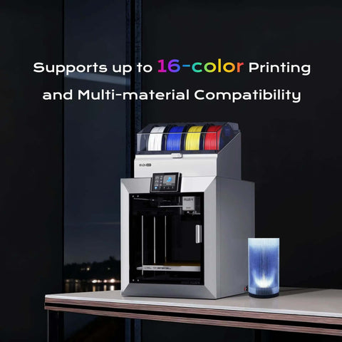 Front view of Crazy Color 3D Printing System for Plus4 Printer with 65C Active Drying, NFC Smart Recognition, filament auto reload, 16 colors visible.