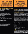 Product information label for Prime One Gallon Water Based Wood Stain Tint Base Clear Color Matching Formula detailing usage and safety.