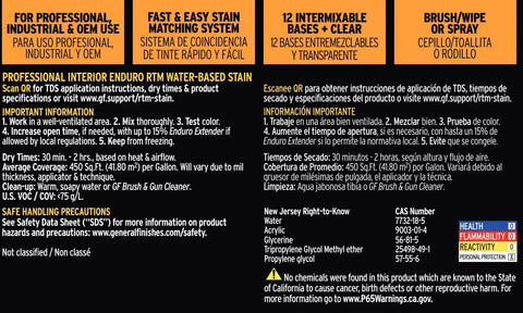 Product information label for Prime One Gallon Water Based Wood Stain Tint Base Clear Color Matching Formula detailing usage and safety.
