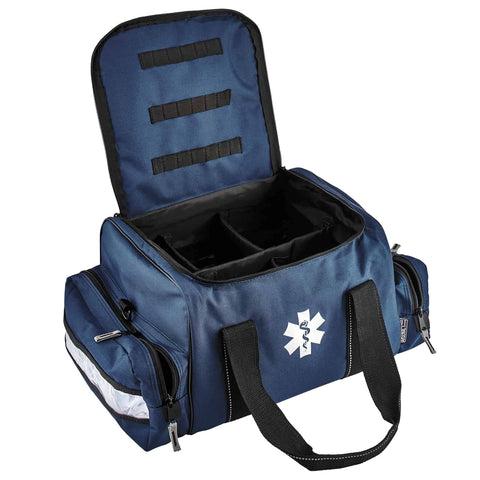 Open Arsenal 5215 Large Medic First Responder Trauma Duffel Bag with shoulder strap, blue 600D polyester, spacious interior visible.