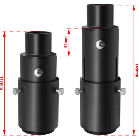 1.25 Inch Extendable Camera Adapter For Prime Focus Or Eyepiece Projection Astrophotography, shown in two extended sizes.